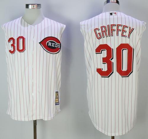 Mitchell And Ness 2000 Reds #30 Ken Griffey White Strip Throwback Stitched MLB Jersey - Click Image to Close